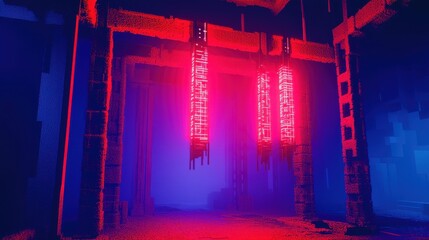 Wall Mural - a futuristic abstract structure with hanging glowing red pillars