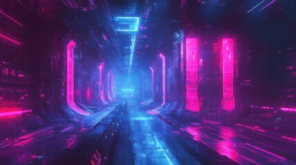 Wall Mural - a futuristic neon tunnel with vibrant and colored interior lighting