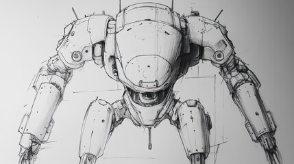 Futuristic robot sketch, detailed design, mechanical drawing, background is a plain light surface, for digital art or concept design