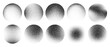 © marruu - Grainy noise circles vector set. Dot grain texture circles. Spray texture sand and dissolving circles. Abstract black spheres with gradient stipple pattern.  Vector illustration
