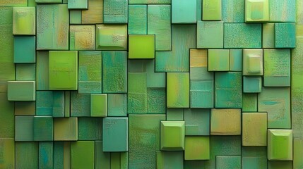 In this 3D render, a wall is formed by arranging square and polished mosaic tiles, and the background is created by stacking concrete bricks with a semigloss finish to produce a 3D block effect