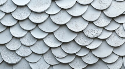 The arrangement of Fish Scale Tiles creates a 3D wall, juxtaposed with a futuristic background consisting of white blocks and presented as a 3D render