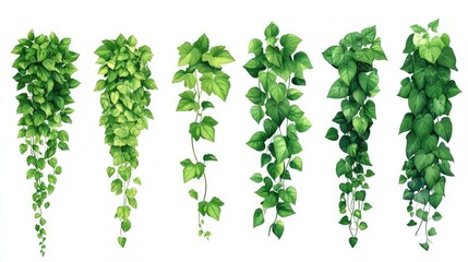 Green Ivy Cartoon Vector Illustration Set. Creeper tree foliage border, garden decoration. Room garden decorative flora isolated on white background.