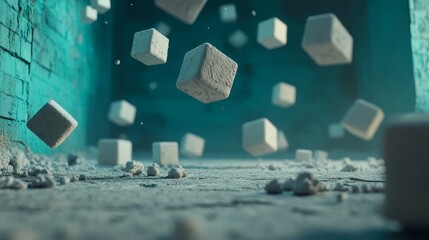 Futuristic Tiles are arranged to form a Semigloss wall, with a White, 3D Background created from Square blocks, as illustrated in the 3D Render