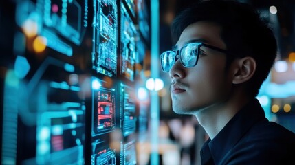 Focused programmer analyzing code on digital display, futuristic interface
