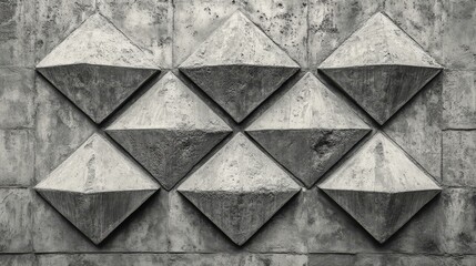 Futuristic triangular mosaic tiles form a wall, juxtaposed with a 3D, semigloss brick design that creates a concrete block background, as seen in a 3D render