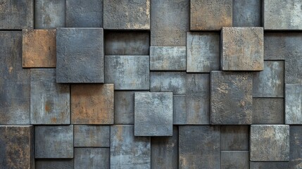 A 3D render displays polished tiles arranged into a rectangular wall, set against a futuristic concrete background formed from 3D blocks