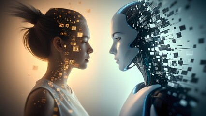 a human woman and an ai robot face each other, as digital elements dissolve between them, symbolizin