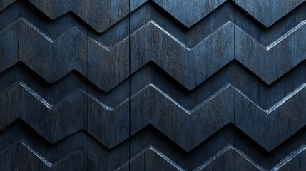 A 3D Render depicts a wall made from Black, Semigloss Mosaic Tiles and a background consisting of Herringbone, 3D, Blocks stacked in a Futuristic, three-dimensional pattern