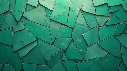 A futuristic wallpaper with polished 3D blocks and a triangular green wall with tiles are the key elements of this 3D render