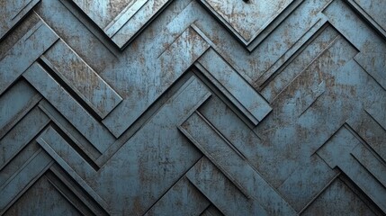 A 3D Render depicts a background of stacked 3D, Herringbone, Blocks forming a Concrete block design, with a mosaic wall of Futuristic, Semigloss Mosaic Tiles arranged in a pattern in front of it