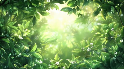 Wall Mural - lush green foliage with soft sunlight filtering through leaves creating an enchanting natural atmosp