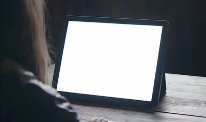 Woman using tablet, blank screen, dark room, wood table, online work