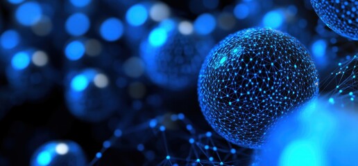 3D render of blue spheres with a mesh texture, floating on a black background Abstract, futuristic wallpaper, macro view Generative AI
