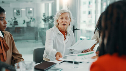 Aufkleber - Management, meeting and report with business women in boardroom of office for planning or strategy. Agenda, collaboration and feedback with employee team in workplace for finance proposal or review