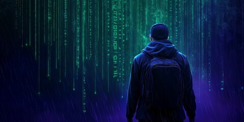 Hacker with a backpack is looking at falling lines of green binary code in a dark cyberspace matrix, suggesting coding, programming, hacking, or data flow