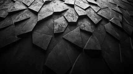 Polished blocks form a triangular black background for a futuristic wall created by arranging 3D tiles, as seen in a 3D render