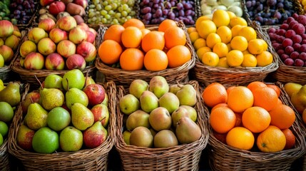 Wall Mural - A wide-angle shot of a fresh fruit display featuring apples, oranges, and pears, arranged neatly in basketsFresh, red apples and green vegetables fill a market stall, a healthy produce basket