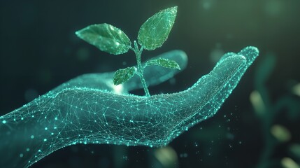 Wall Mural - abstract green plant growing in digital hand nature technology concept sustainable growth environmen