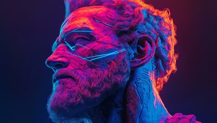 Digital lines and patterns adorn a 3D render of a blue hologram showing the human body