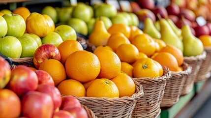 Wall Mural - A wide-angle shot of a fresh fruit display featuring apples, oranges, and pears, arranged neatly in basketsFresh, red apples and green vegetables fill a market stall, a healthy produce basket