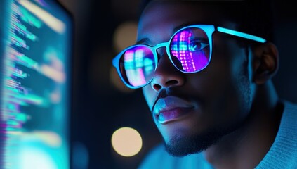 Focused programmer reviewing code on computer screen at night.