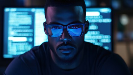 Focused programmer with glasses working late at night on computer code.