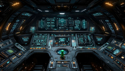 Futuristic spaceship bridge interior; detailed control panels, glowing displays, and a central control stick