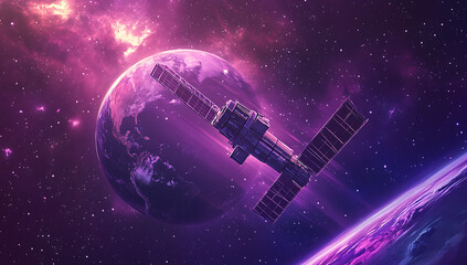 Wall Mural - Satellite orbits a purple planet amid nebulous stardust creating a mesmerizing cosmic vista.
