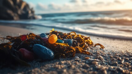 Wall Mural - Seaweed and colorful stones sit on sandy beach near ocean shore. Perfect for illustrating coastal ecology, pollution, or sea life concepts.