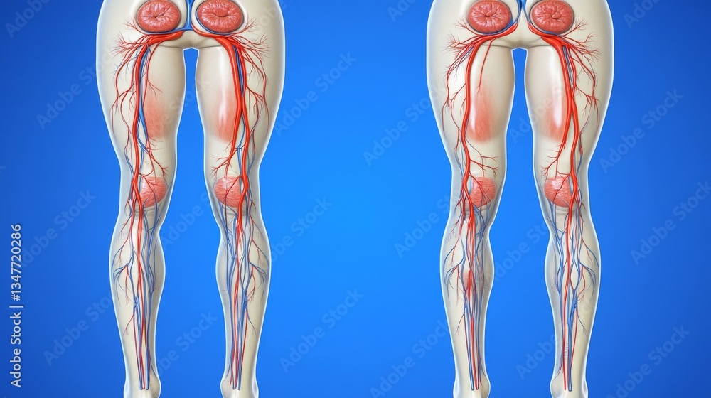 Vibrant depiction of a leg vein afflicted with disease, characterized ...