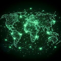 Wall Mural - global network map with bright green lines and dots on black background