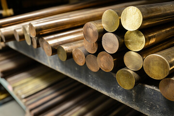Poster - Large round bronze alloy bars stacked on a shelf Generative AI