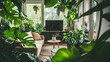 © malayeka - Lush indoor jungle living room with sofa, plants, and TV.