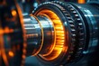 © SY - Close-up shot of a large, shiny, metal machine part with orange glowing center. Use this image to illustrate power, engineering, or industrial themes.