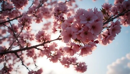 Cherry Blossom Tree Branch with Pink Flowers Against a Blue Sky