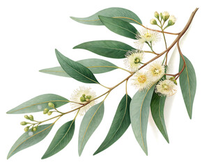 eucalyptus branch with flowers isolated on white background, png.