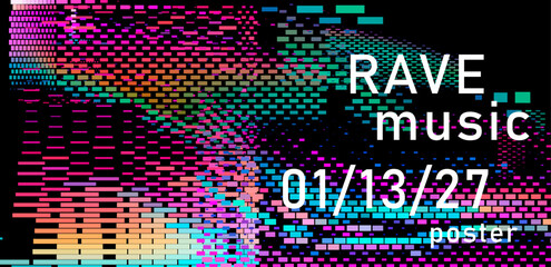 Fototapete - Vibrant rave poster with glitchy, pixelated patterns and bold typography. Features dynamic color blocks and an abstract digital aesthetic, emphasizing an energetic, modern music vibe.