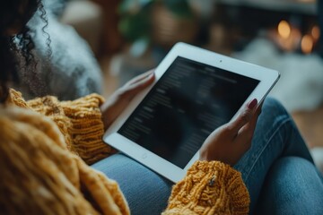 Woman using tablet, cozy home, fireplace background, winter relaxation