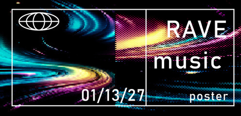 Fototapete - Vibrant rave poster with glitchy, pixelated patterns and bold typography. Features dynamic color blocks and an abstract digital aesthetic, emphasizing an energetic, modern music vibe.