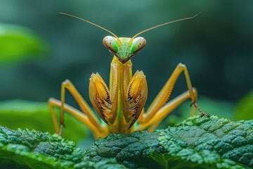 A close up portrait of a striking green insect