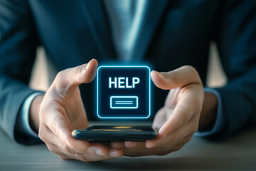 Leinwandbilder - Businessman using smartphone showing help sign and requesting assistance