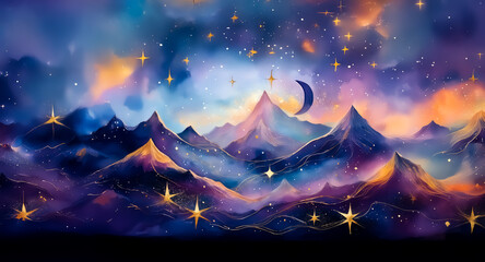 Wall Mural - a celestial night scene featuring majestic mountains beneath a vibrant, starry sky. a crescent moon 