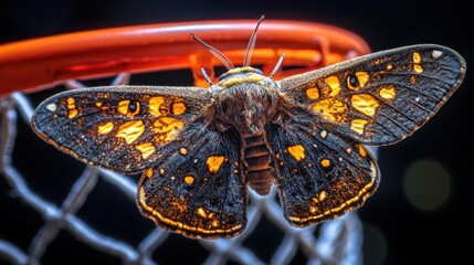 Detailed close-up of a moth with intricate patterns on its wings, resting against an orange basketball hoop net