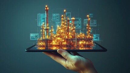 Wall Mural - futuristic digital oil refinery model on tablet with glowing structures, showcasing industrial techn