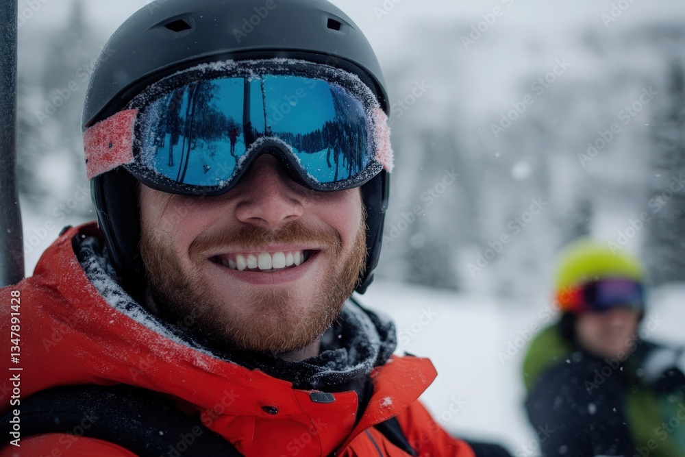 A young man wearing a bright orange jacket and ski goggles smiles while standing in a snowy mountain setting. Snowflakes fall softly around him, creating a cheerful winter atmosphere.