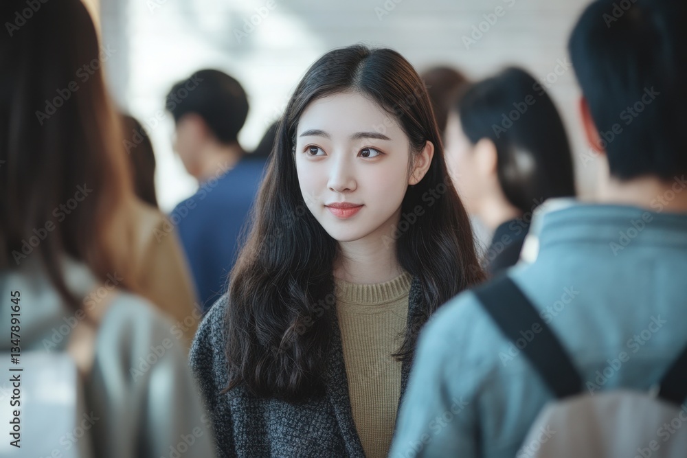 A young woman with long, dark hair stands in the foreground, listening attentively as others converse around her.
