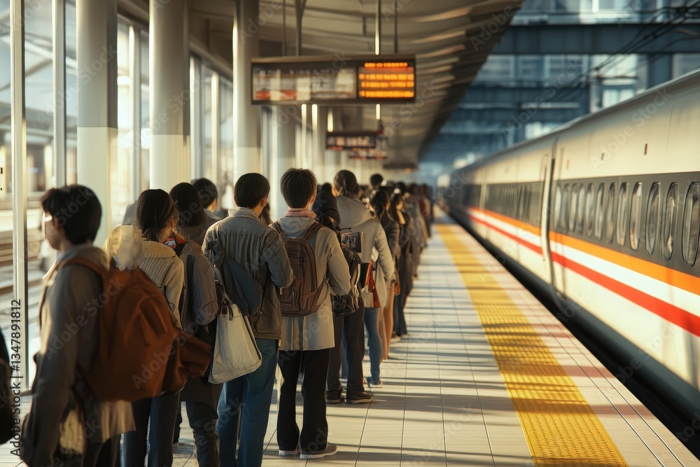 Commuters line up at a well-lit platform as a high-speed train approaches. The atmosphere is busy, typical of a morning rush hour in a vibrant city.