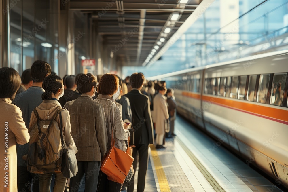 People line up at a busy urban train station, awaiting their train during morning rush hour. The atmosphere is bustling, with commuters in professional attire and a sleek train approaching.