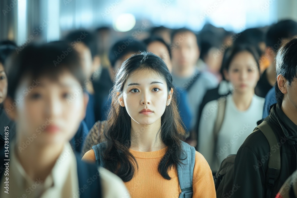 In a busy urban area, a young woman with long dark hair is focused, standing still amidst a crowd of moving people. The atmosphere is bustling, capturing the energy of rush hour.